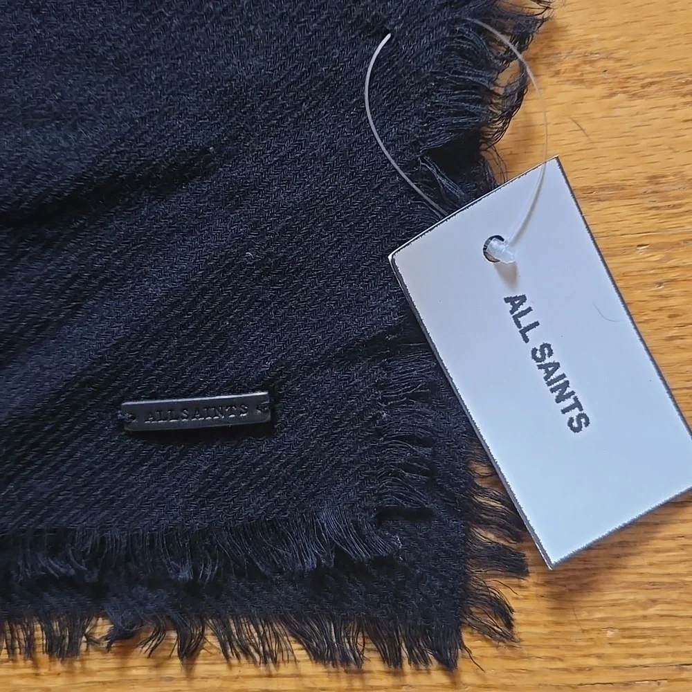 BN All Saints HUGE black solid twill Merino wool scarf